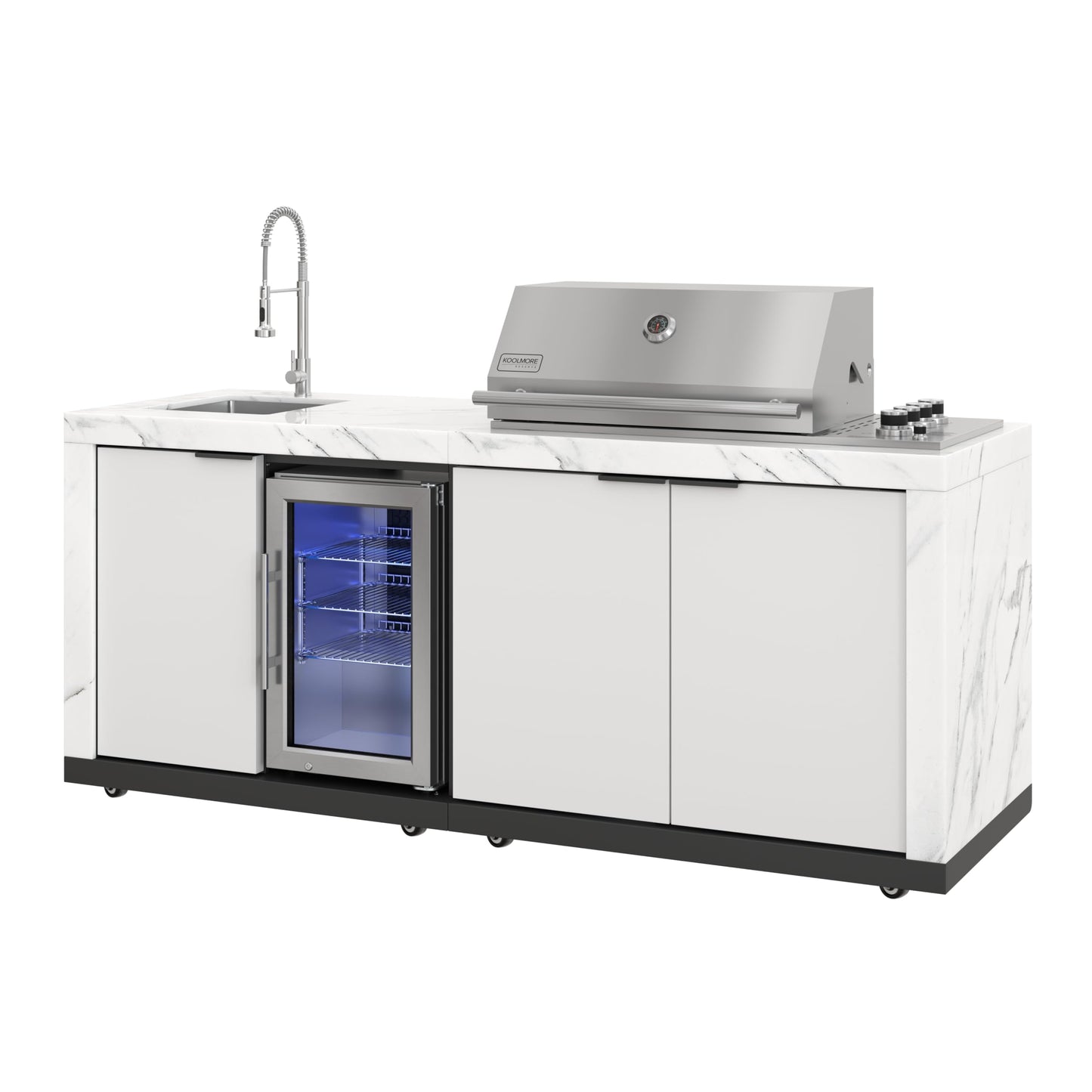 KoolMore Reserve 83 in. Outdoor Kitchen Suite with White Stone Counters and Sides, 4-Burner Grill, Stainless Steel Sink and Faucet