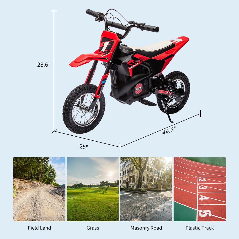 Garvee 24V Kids Electric Off-Road Motorcycle, Ride on 250W Motor 13.6MPH Fast Speed Dirt Bike, Leather Seat, Twist Grip Throttle, Metal Suspension, Air-Filled Tires for Kids Teens Riding Toy, Red