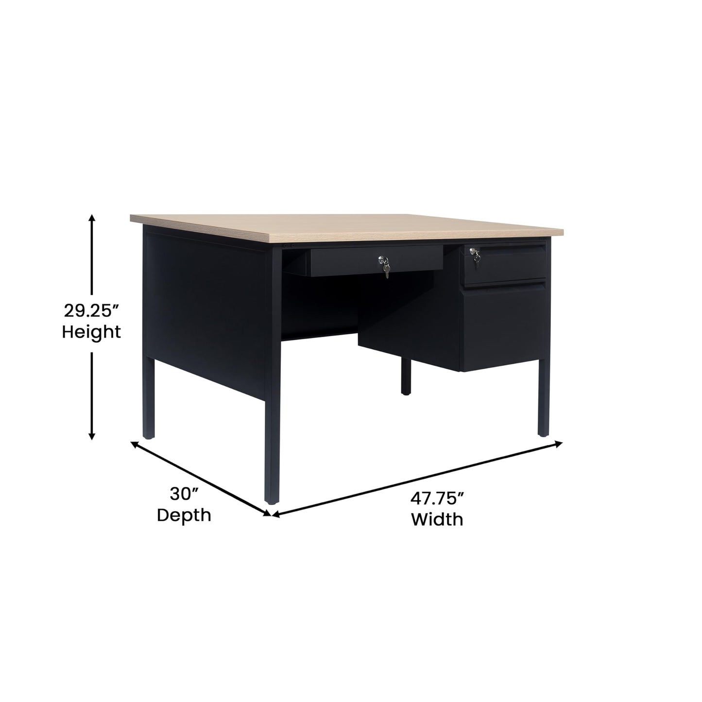 Flash Furniture Cambridge Right Side Single Pedestal Desk with 3 Locking Drawers, Commercial Grade Teacher's or Office Desk, 30x48, Metal Frame, White Oak/Black