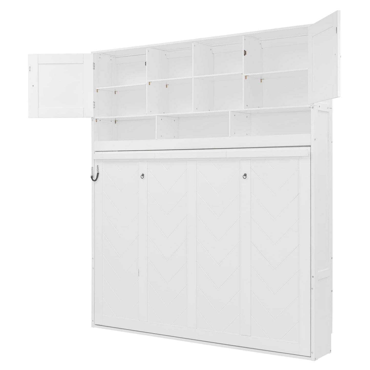 Merax Queen Murphy Bed with Storage, Space-Saving Wall Bed Cabinet, Foldable Queen Size Wall Bed with Hydraulic Lift, Chevron Stripe Design, Large Storage Space, 600 lbs Capacity, White