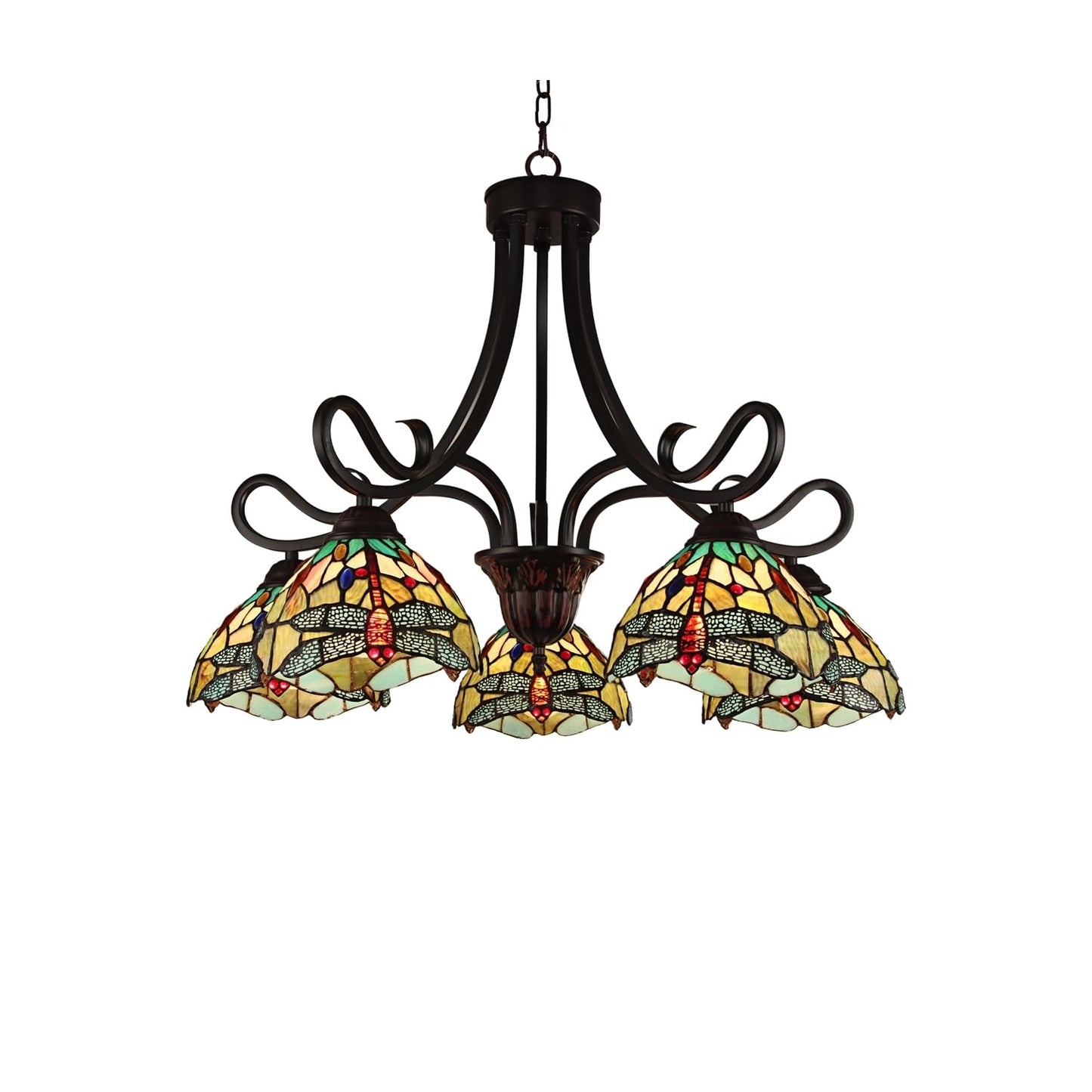 Chloe Lighting Empress Dragonfly Tiffany-Style Chandelier 5 Light 27in Wide Dark Bronze Multicolor Glass Model CH3T471GD27-DD5