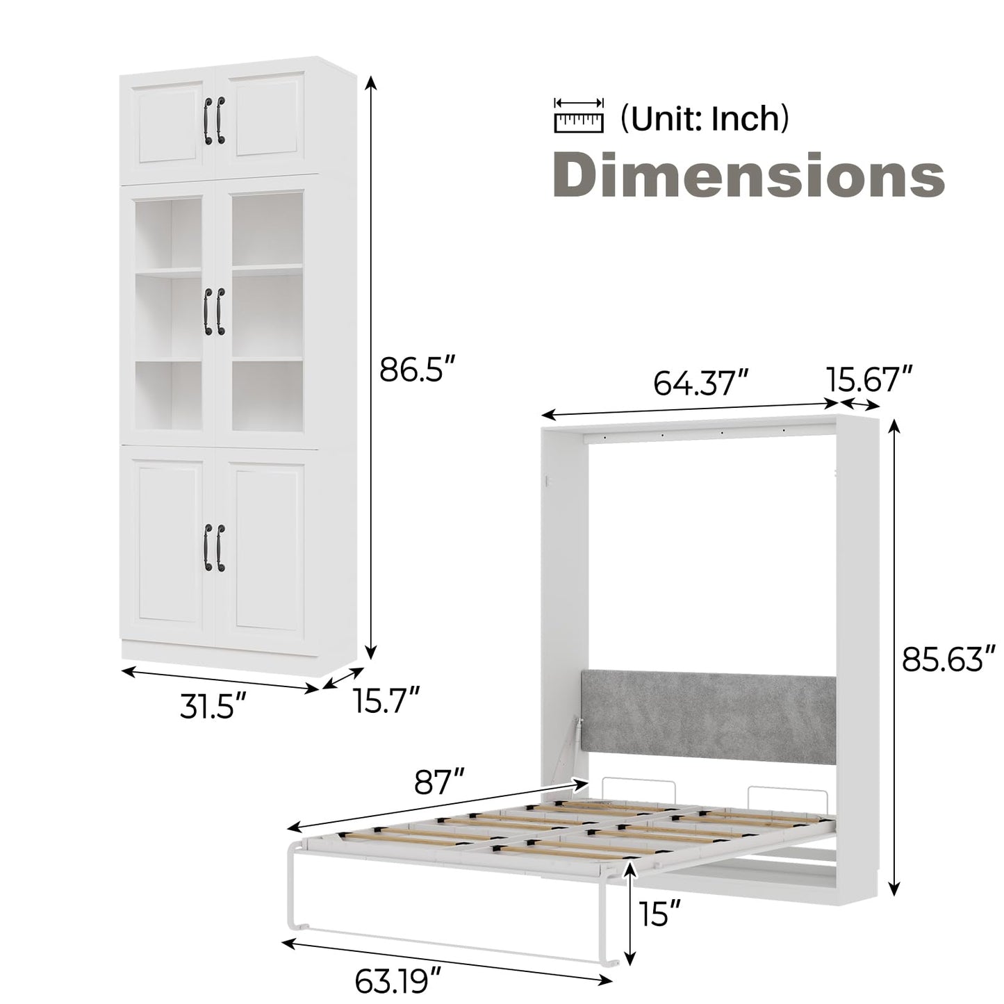 Bobve Farmhouse Murphy Bed Queen, 85" Wall Bed Folds to Save Space, Concealed Bed Frame with 2 Glass Storage Cabinets and Wall Mounted Features for Apartment/Office/Guest Room