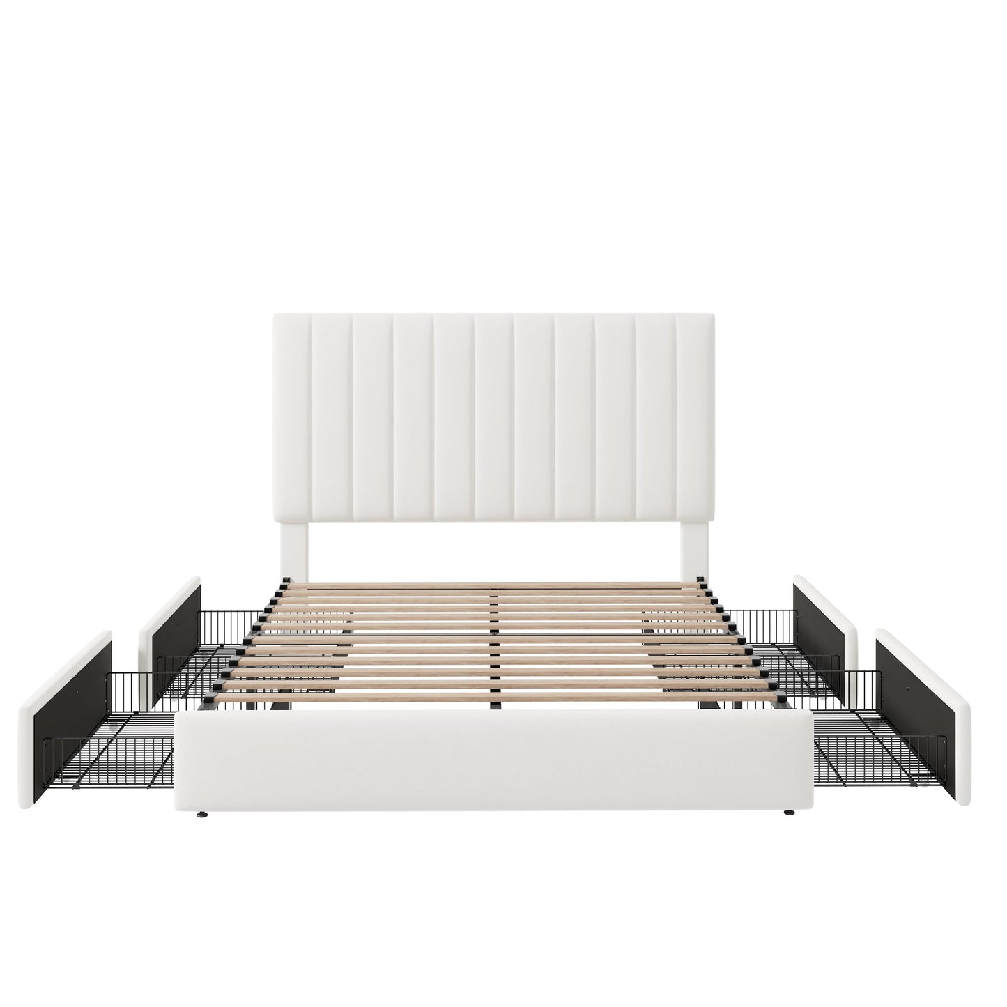 Allewie Queen Size Storage Bed Frame, Vertical Channel Tufted Adjustable Headboard, Velvet Upholstered Platform Bed with 4 Oversized Underbed Drawers, Wooden Slats Support, No Box Spring Needed, White