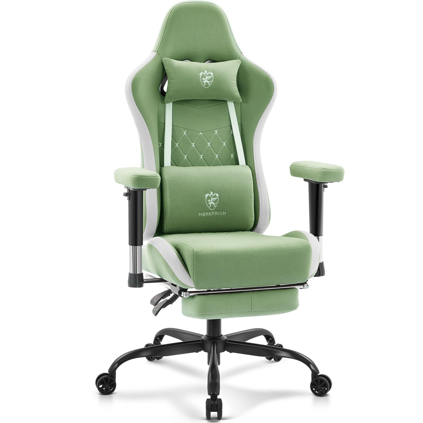 Morkprism Gaming Chair Breathable Fabric,Computer Office Chair with Footrest,Massage Lumbar Support and Gel Pad,Ergonomic Reclining Gamer Chair with Adjustable Armrests and Spring Cushion Green