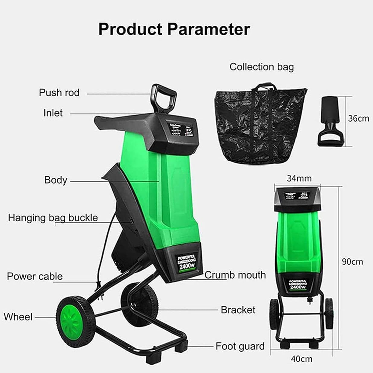 CYMYYDS 2400W Electric Wood Chipper, High-Power Garden Shredder Crusher, Crush up to 40mm, with Wheels and 50L Collection Bag for Garden Debris, Leaves and Branches Grey