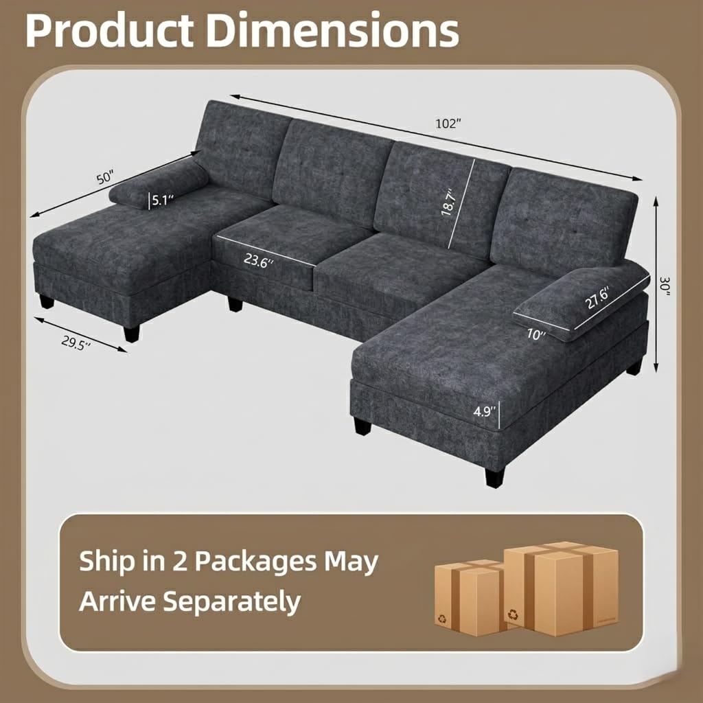 U-Shaped Sectional Sofa with Double Chaise,Linen Fabric 4-Seat Modern Couch, Removable Pillows for Apartment Living Room, Black