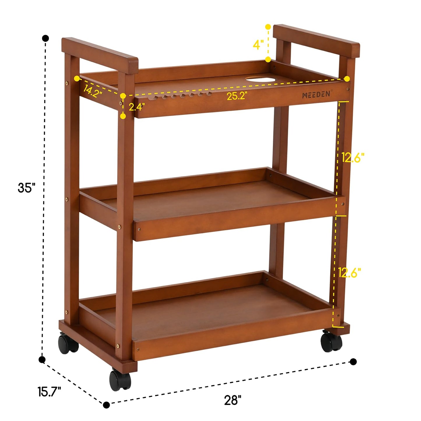 MEEDEN Art Supplies Cart, Walnut 3-Tier Multifunctional Art Storage Cart Organizer, Solid Beech Wood Studio Cart Art Taboret with Caster Wheels, Rolling Utility Cart Organizer for Artist