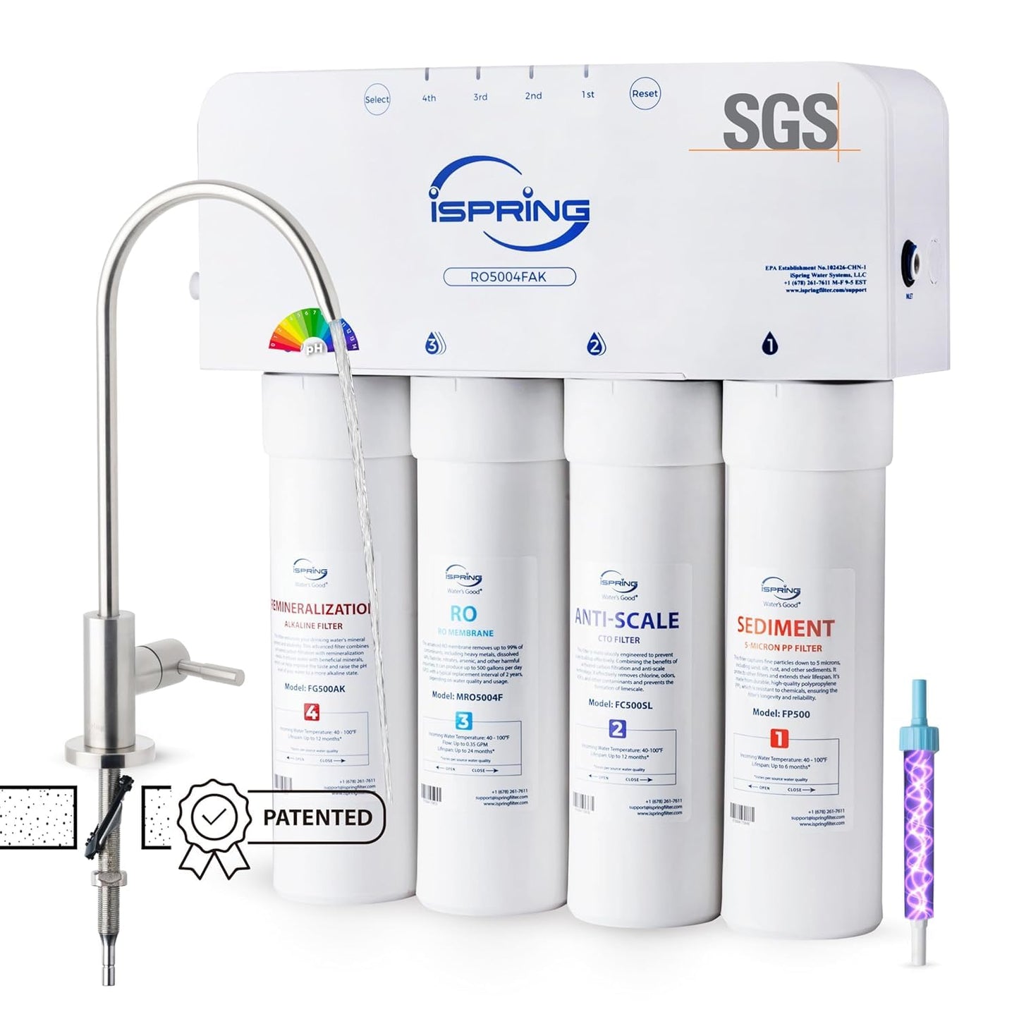 iSpring RO5004F-AK UV Alkaline Reverse Osmosis Water Filter, SGS Tested PFAS and TDS Reduction, 500 GPD Tankless Remineralization RO System Under Sink, Filter Life Monitor, 2:1 Pure to Drain