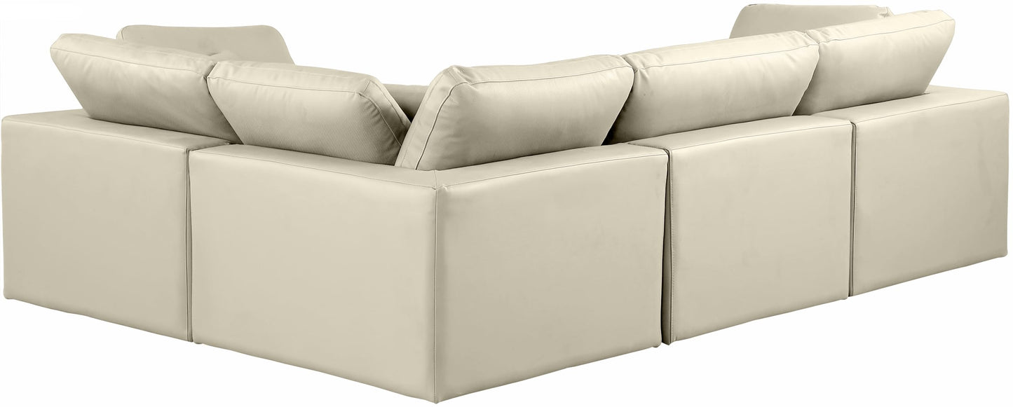 Meridian Furniture 188Cream-Sec4C Comfy Collection Modern | Contemporary Upholstered Modular Sectional, Soft Cream Vegan Leather, Fiber-Filled, 119" W x 80" D x 34.5" H, Cream