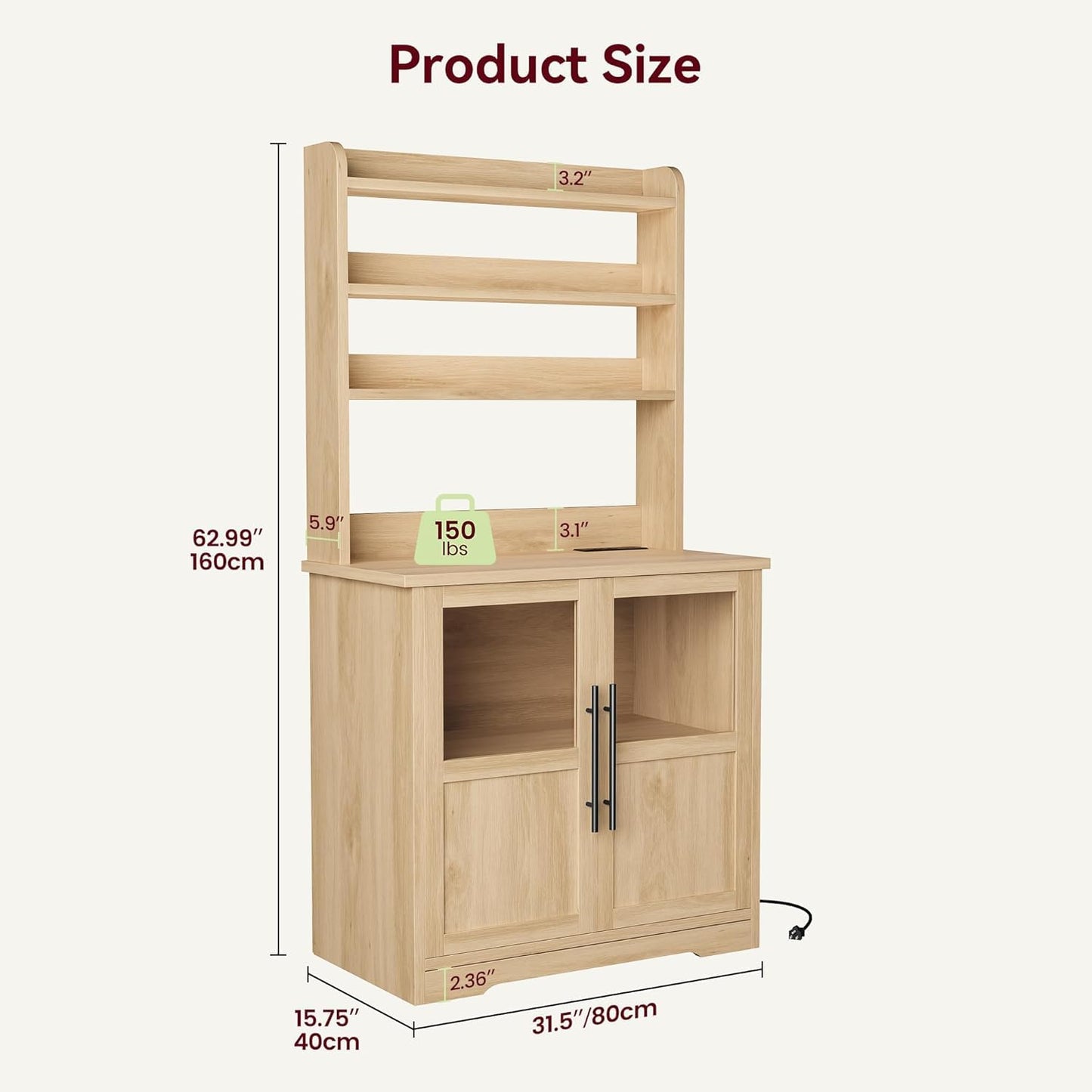 Farmhouse Bakers Rack with Power Outlet, Microwave Stand Cabinet with Thickened Countertop and Storage Shelves, Small Kitchen Coffee Bar Station, Freestanding Pantry Organizer for Dining Room