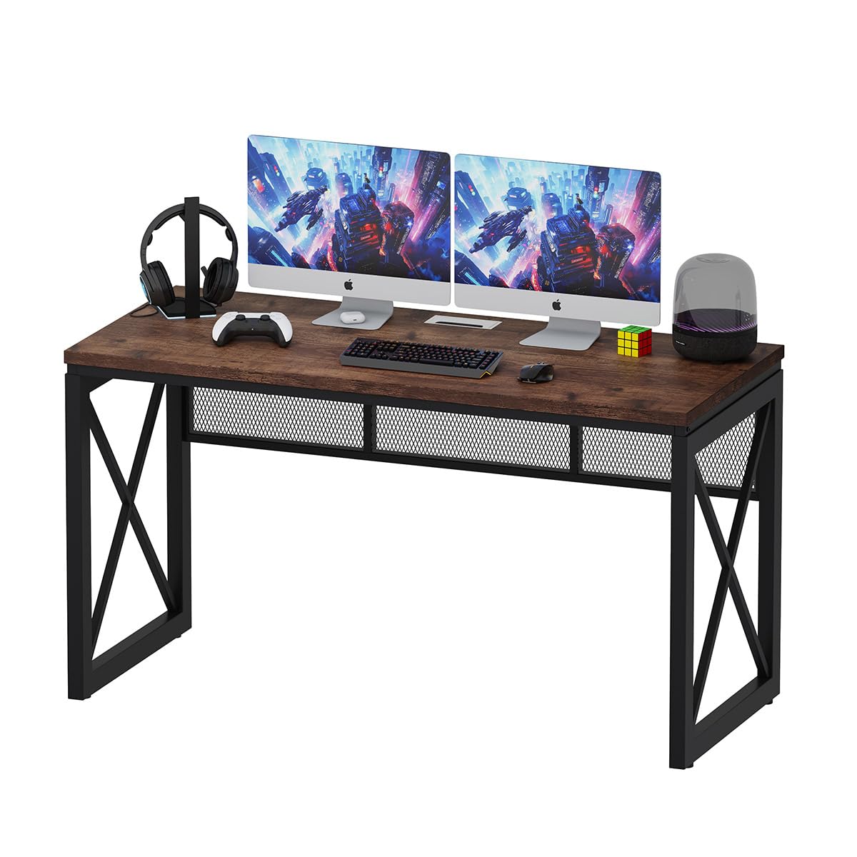 BON AUGURE Farmhouse Computer Desk, Modern Industrial Home Office Desks, Wood Metal Study Writing Table, Sturdy Gaming Desk (Rustic Oak, 54 Inch)