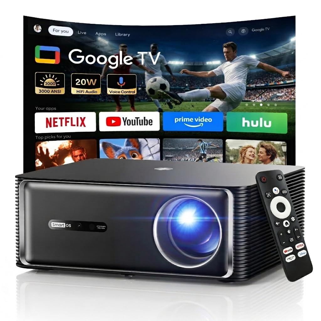 Boldever 3000 ANSI Google TV Smart Projector - 4K Projector with WiFi and Bluetooth, 20W HiFi Speakers Outdoor Movie Proyector, Auto Focus & Keystone Projector for Home Theater Indoor