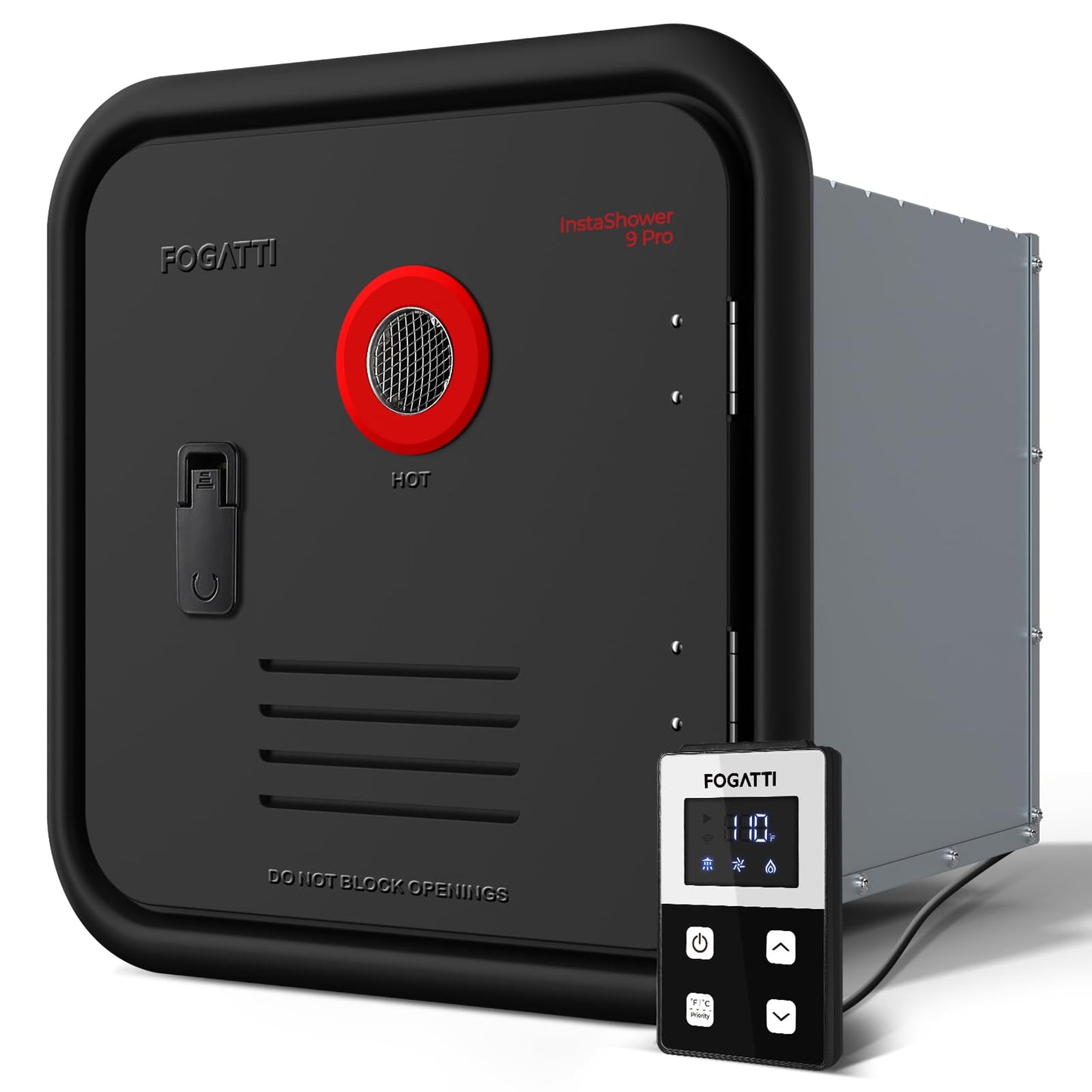FOGATTI InstaShower 9 Pro RV Tankless Water Heater, 66,000 BTU (Highest Output), Built-in Mixing Tank, 15x15 Inches Black Door, Remote Controller, Ideal for RVers' Everyday Use, Gen 3