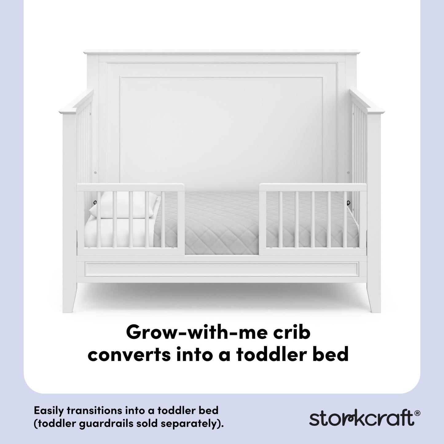 Storkcraft Solstice 5-In-1 Convertible Crib – GREENGUARD Gold Certified, Converts to Toddler Bed and Full-Size Bed, Fits Standard Full-Size Crib Mattress, Adjustable Mattress Support Base (White)