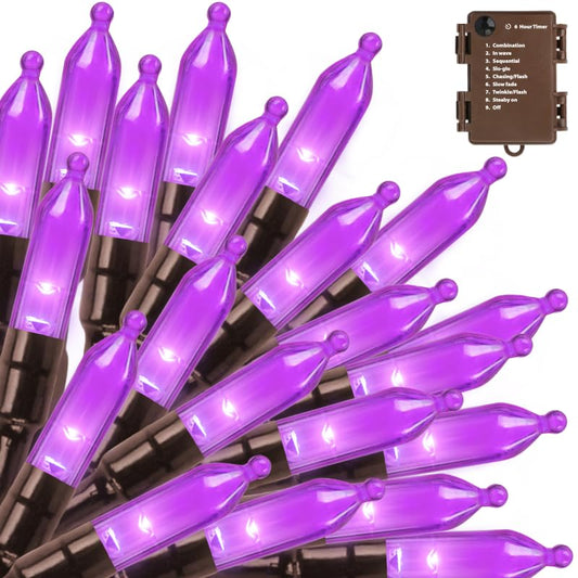 LAMPHOME Purple Halloween Lights, 50 LED Mini String, 18Ft, Battery Operated, Waterproof, 2PK, 8 Modes, Timer