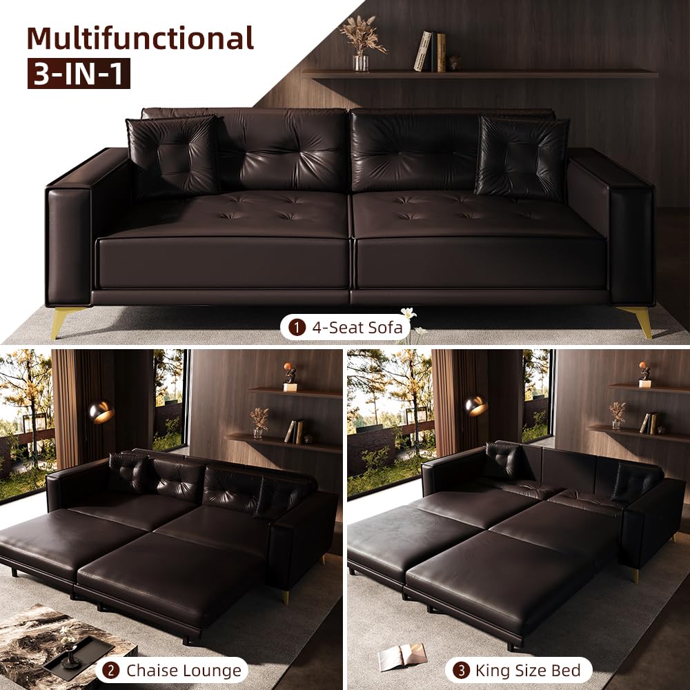 KEIKI 92.1" King Size Pull Out Sofa Bed, 3-in-1 Faux Leather Convertible Sleeper Clouch with 2 Pillows, 4-Seater Sofa Bed for Living Room, Apartment, Office, Dark Brown