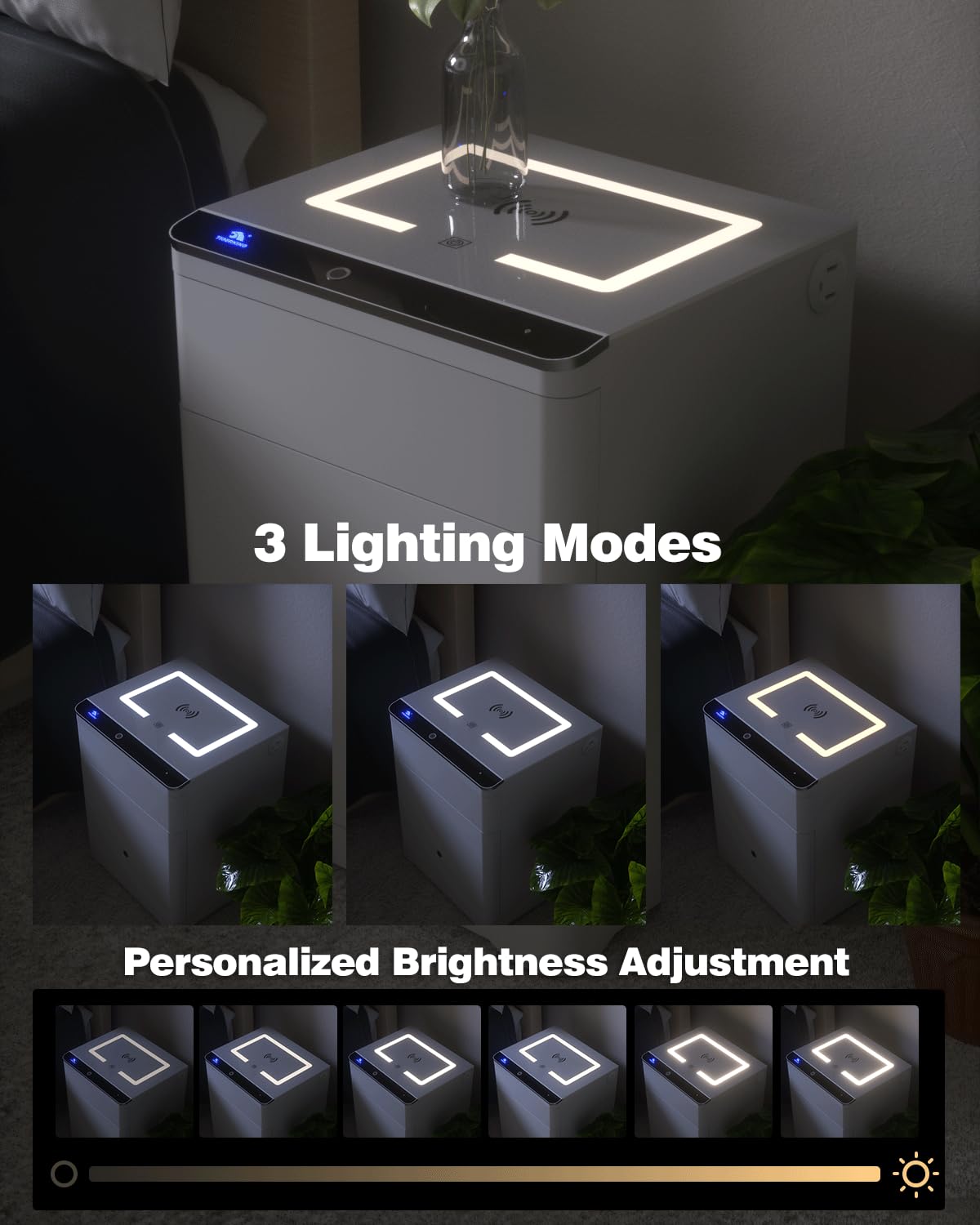 TIGERKING 3-in-1 Biometric Heavy Duty Safe, Lockable Drawer Gun Safes with Wireless Charging Station, Home Safe Adjustable Lighting with USB & Type-C Port for Bedroom Office, White