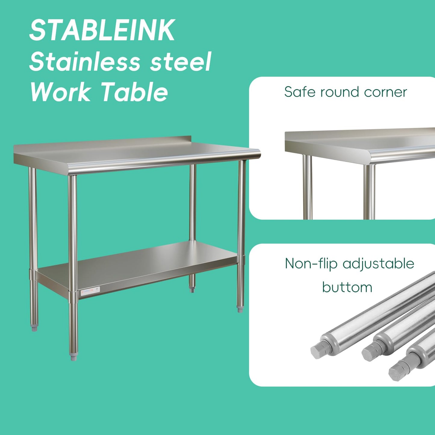 STABLEINK NSF Stainless Steel Table 48x24 Inches 4ft, Metal Prep & Work Table with Backsplash and Adjustable Undershelf, for Commercial Kitchen, Restaurant, Hotel, Laundry and Garage