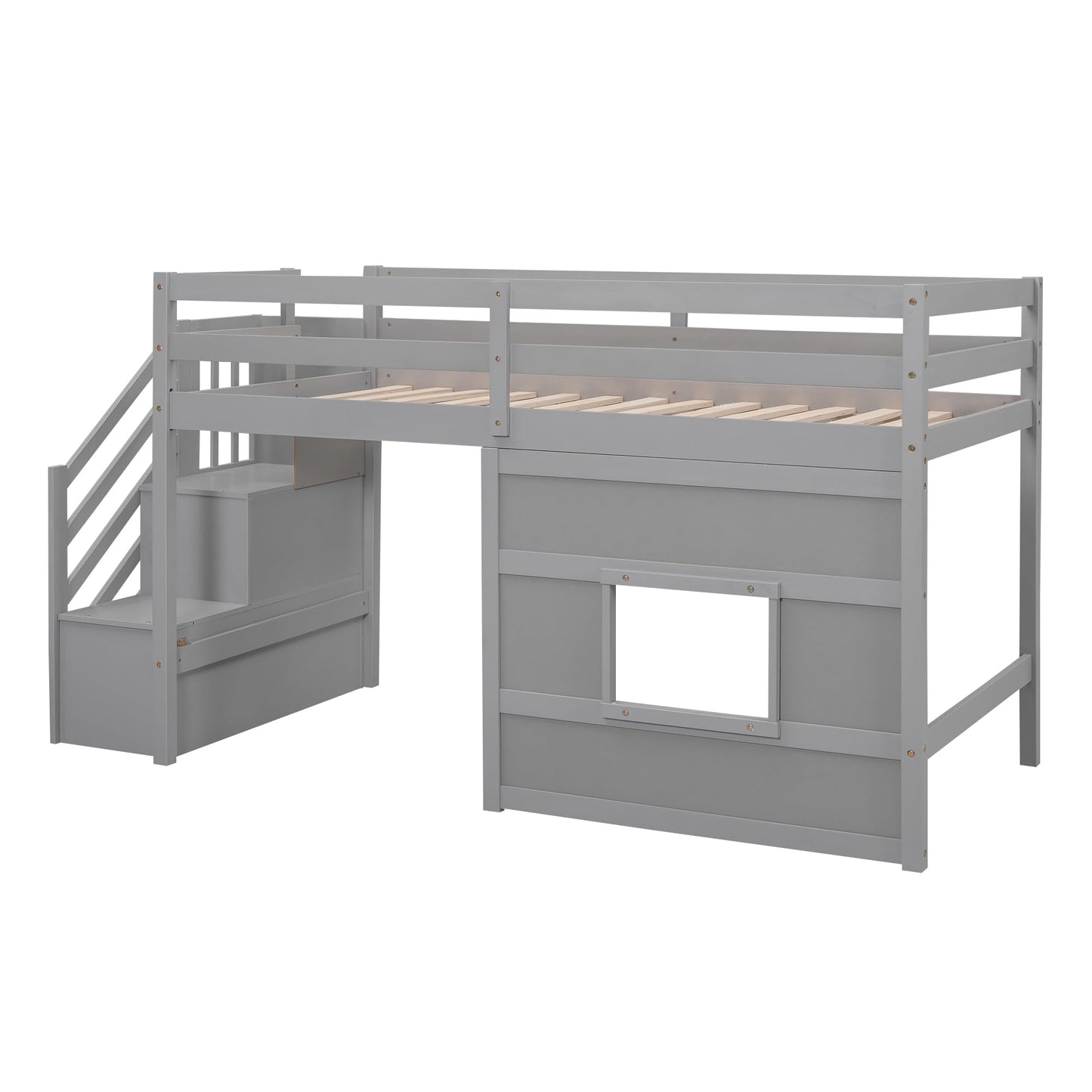 Merax Twin Size Loft Bed with Storage Staircase, Solid Wood Loft Bed Frame with LED Light and Safety Guardrail, Under-Bed Play Space, Playhouse Beds for Kids, Boys, Girls,Grey
