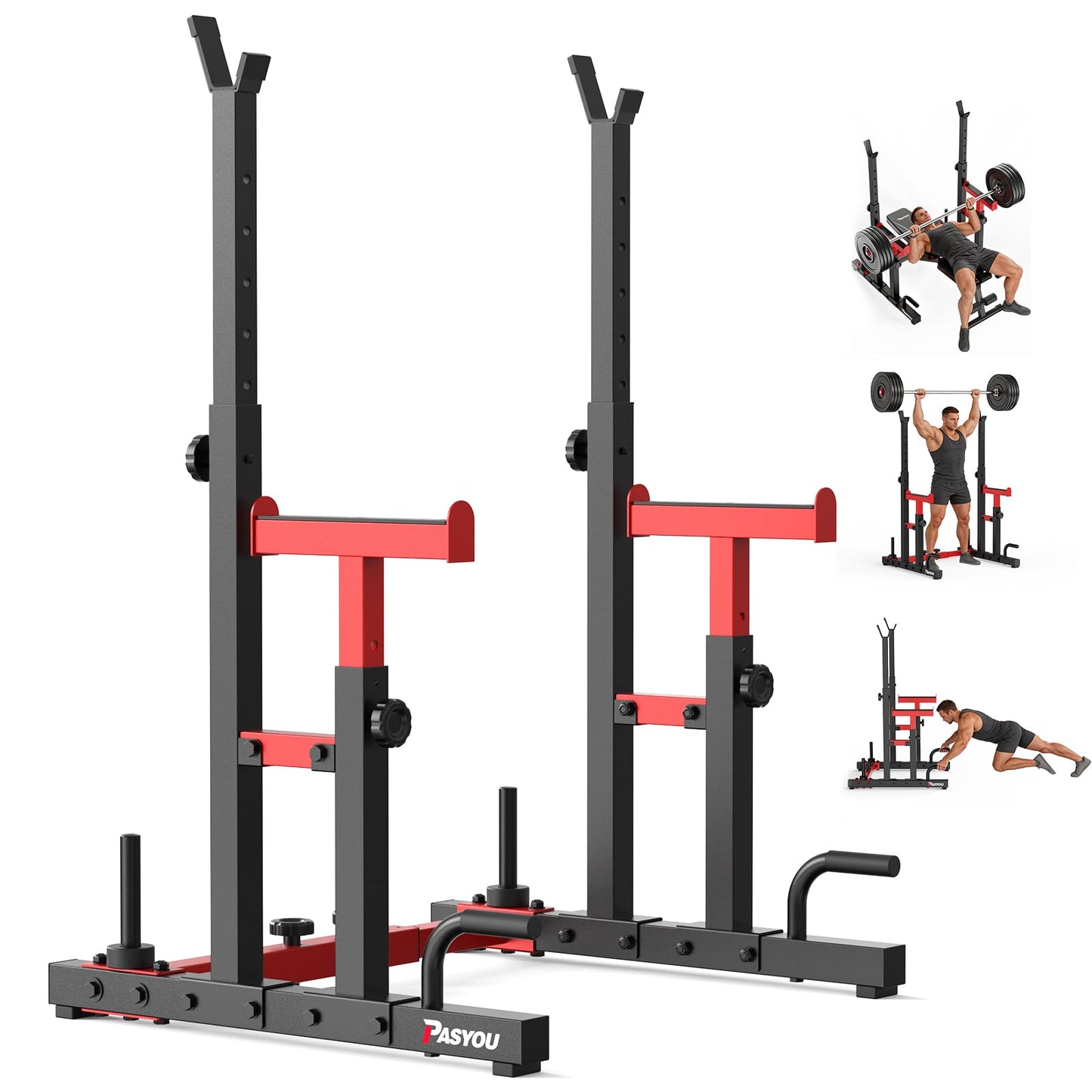 PASYOU Adjustable Squat Rack Stand, 1200 LBS Total Capacity Multi-Function Bench Press Station with Spotter Arms and Push-Up Handles Dumbbell Rack, for Home Gym Strength Training, Red