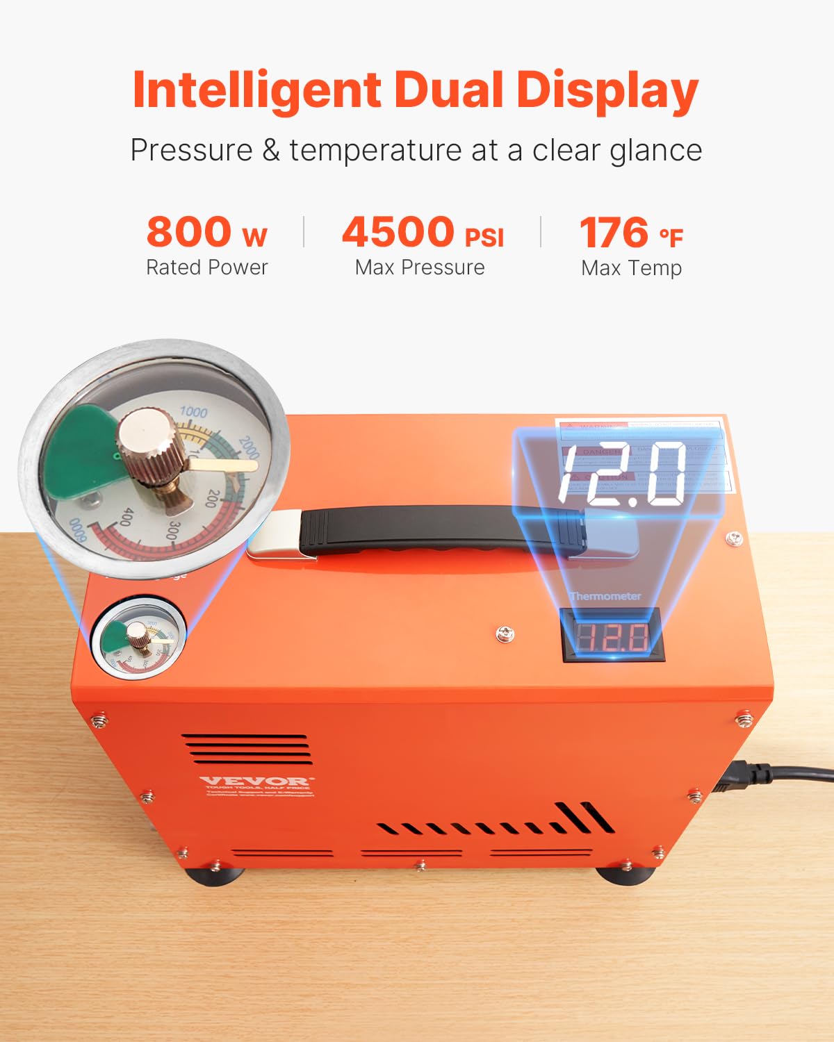 VEVOR PCP Air Compressor, 800W Dual-Cylinder PCP Airgun Compressor 4500PSI/30Mpa with Built-in Fan Cooling System, Auto-Stop | Oil Free Paintball Tank Compressor for Air Rifle, Scuba Diving Bottle