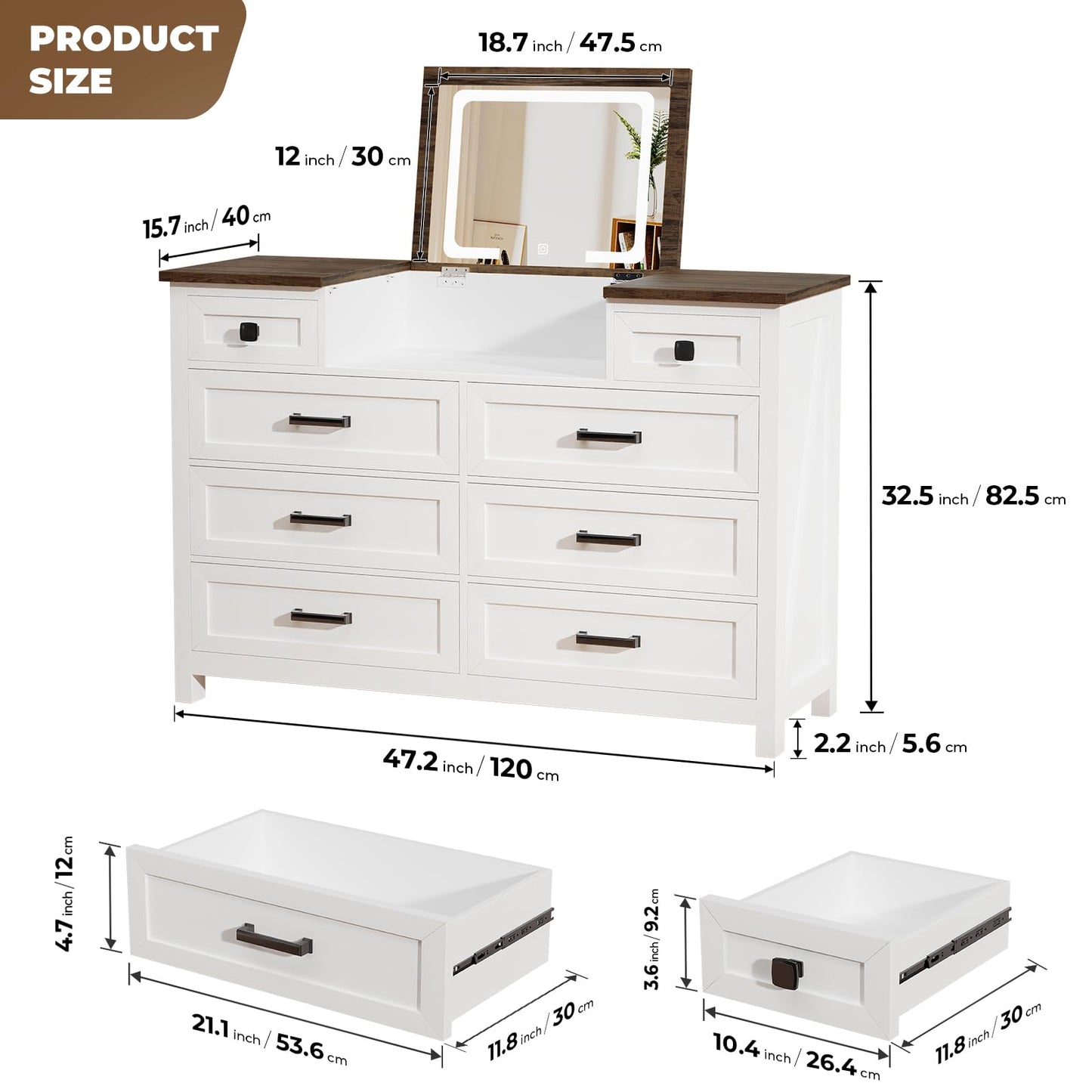 BROTTAR Dresser with Mirror for Bedroom, Chest of Drawers with LED Mirror, 8 Drawer Dresser, White Dressers for Kids, Wood Dressers, Farmhouse Makeup Vanity with Storage for Bedroom