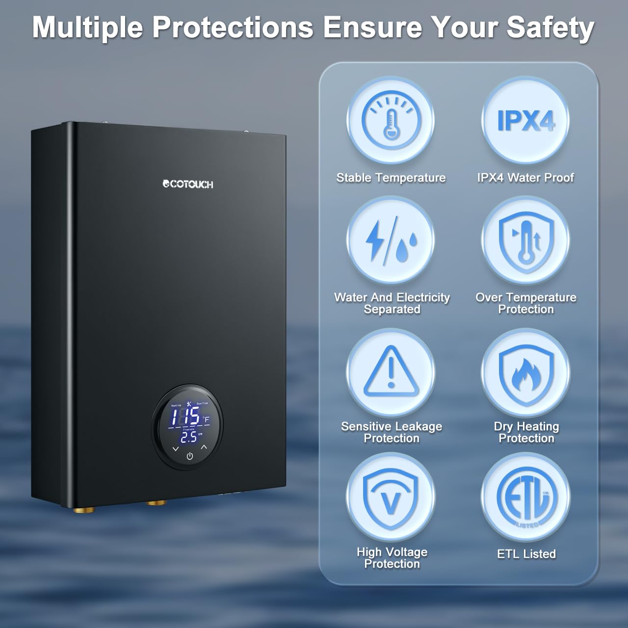 Electric Tankless Water Heater, ECOTOUCH 18kW Instant Water Heater On Demand 240V Under Sink Water Heaters Point of Use with ETL Certificated Self-Modulation ECO180B Black
