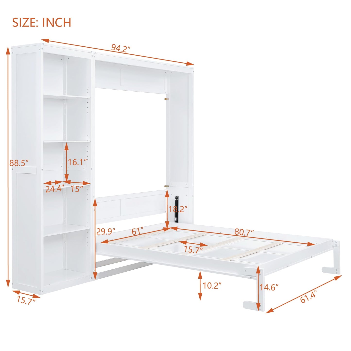 Merax Space-Saving White Murphy Bed Queen Size with Adjustable Storage Shelves, Multifunctional Foldable Wall Bed for Small Spaces Studio Study Office Guest Room
