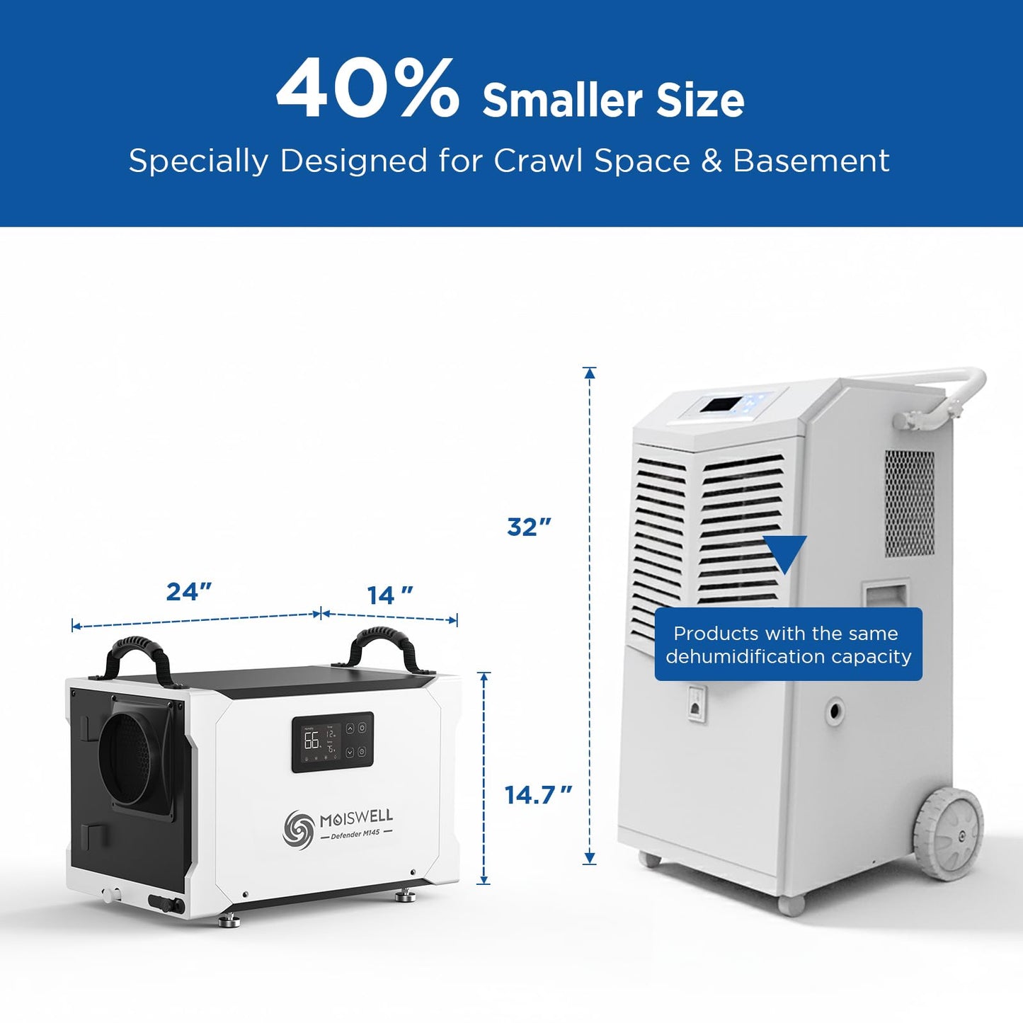 Moiswell 155 Pint Commercial Dehumidifier with Drain Hose for Crawl Spaces, Basements, Industry Water Damage Unit, Large Capacity, Compact, Portable, Auto Defrost, Memory Starting