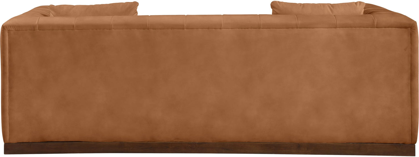 Meridian Furniture 44098Cognac-S Mallina Collection Modern | Contemporary Sofa with Soft Cognac Vegan Leather, Walnut Finish Solid Wood Base, Deep Channel Tufting, 90.5" W x 36" D x 28.5" H, Cognac