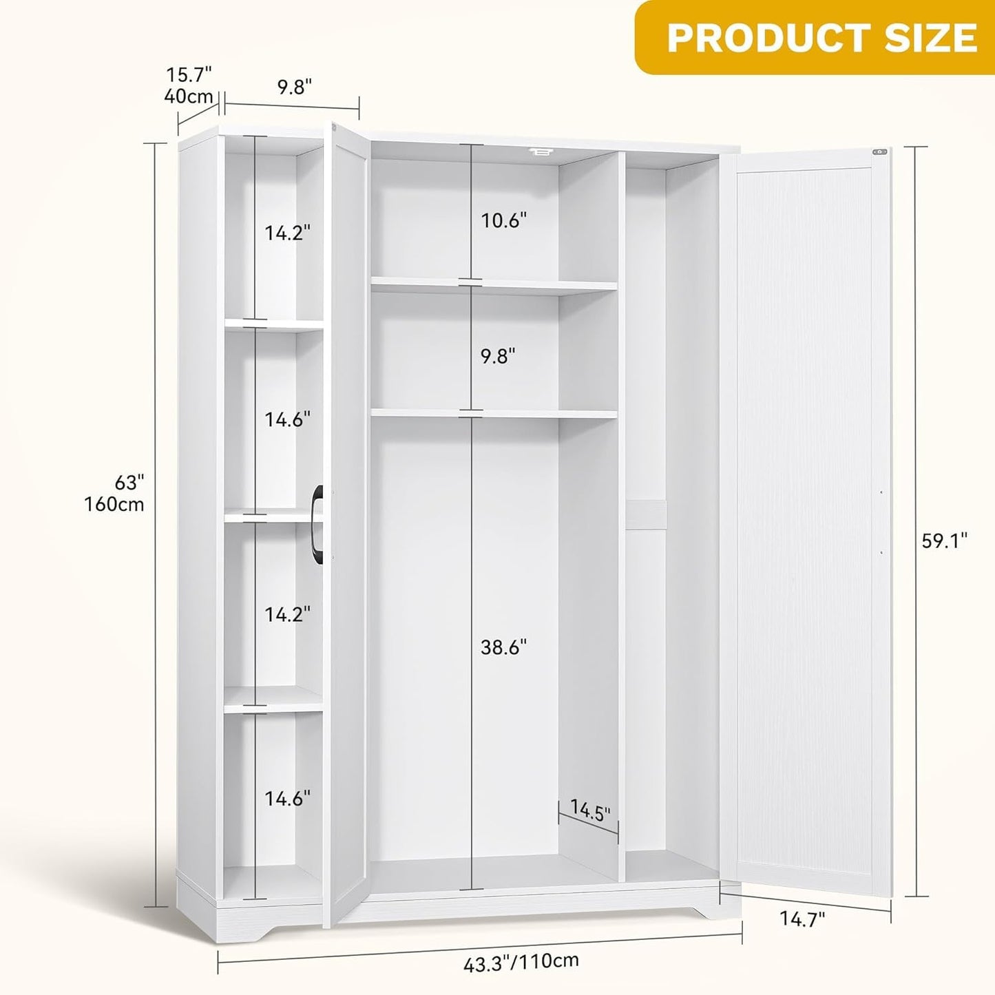 DWVO Broom Closet Storage Cabinet, Wooden Organizer for Ironing Board and Bucket Vacuum Cleaners, Double-Door Cleaning Cabinet for Laundry Rooms and Utility Spaces