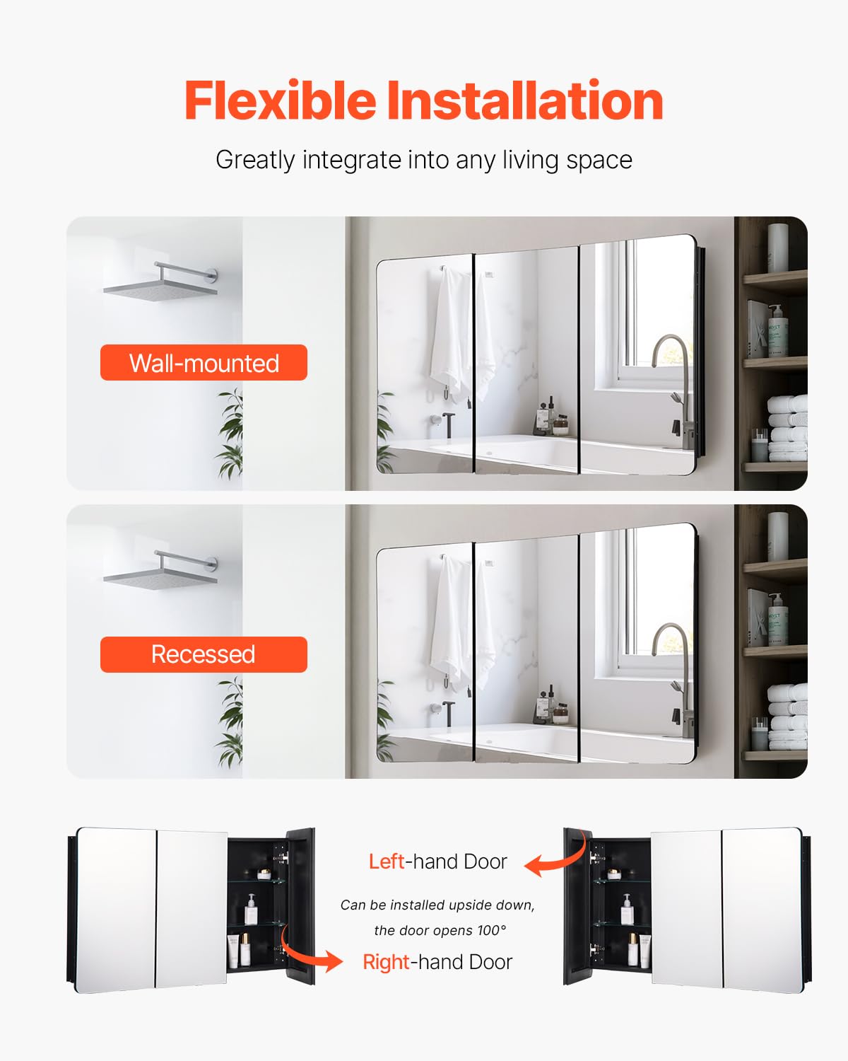 VEVOR Medicine Cabinet, 25.5 x 40 inch, Medicine Cabinet for Bathroom with Mirror, Aluminum Frame Bathroom Wall Cabinet, 4-Layer Adjustable Shelves, Recessed & Wall-Mounted Installation
