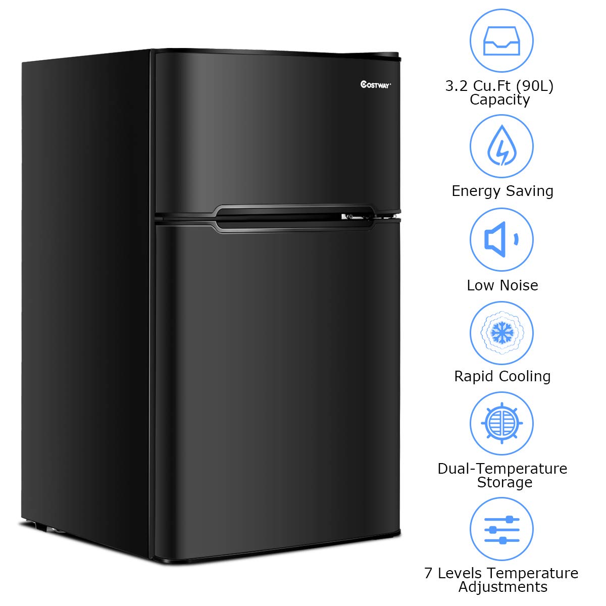 COSTWAY Mini Fridge with Freezer, 3.2 Cu.ft. 2-Door Mini Freezer Cooler Fridge w/Reversible Door, Removable Glass Shelves, Mechanical Control, Small Refrigerator for Bedroom, Dorm, Office (Black)