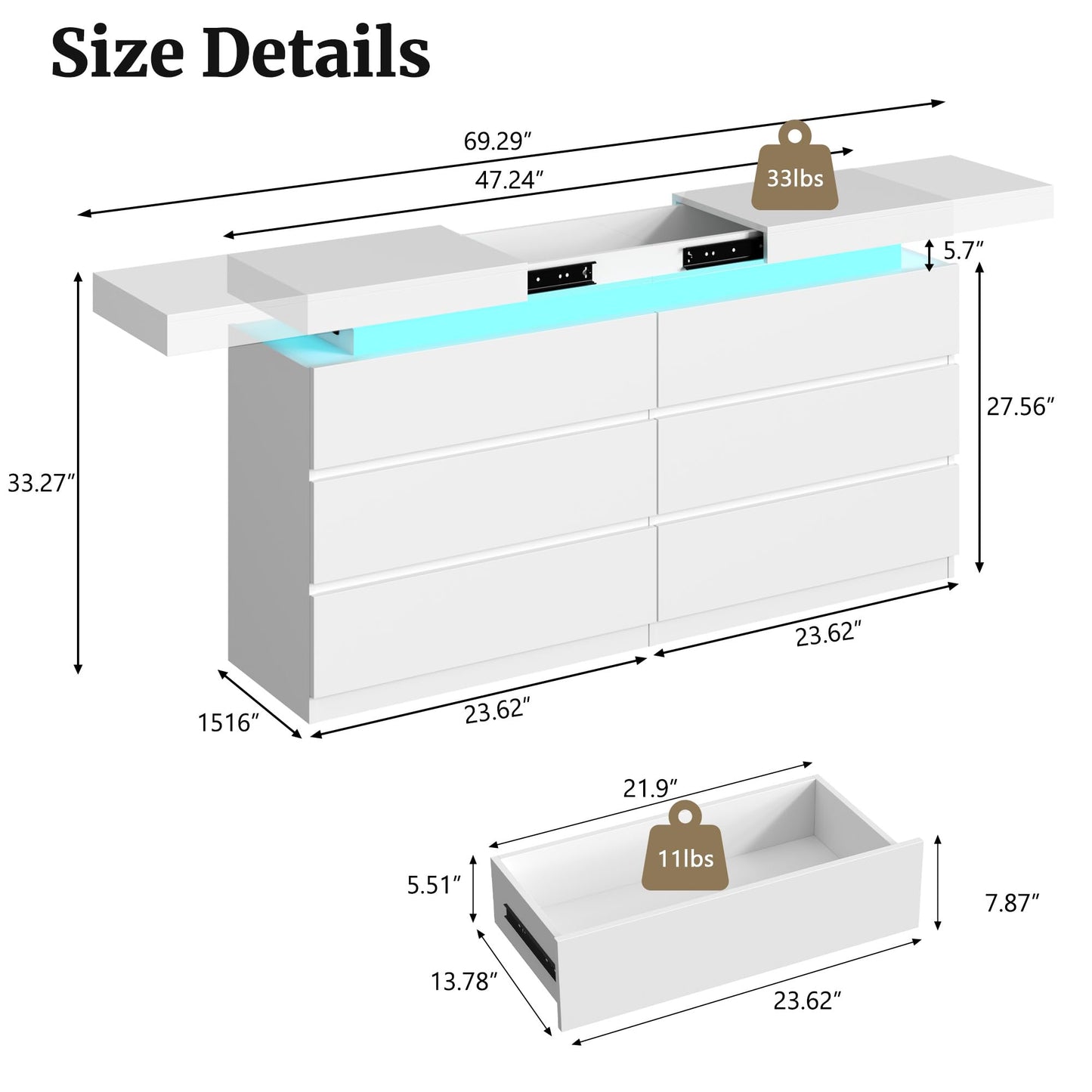 6 Drawer Dresser for Bedroom, White Dresser with LED Lights, Sliding Desktop and Power Outlet, Modern Wood Chest of Drawers for Closet, Organizer Cabinet for Bedroom, Living Room, Entryway, Hallway