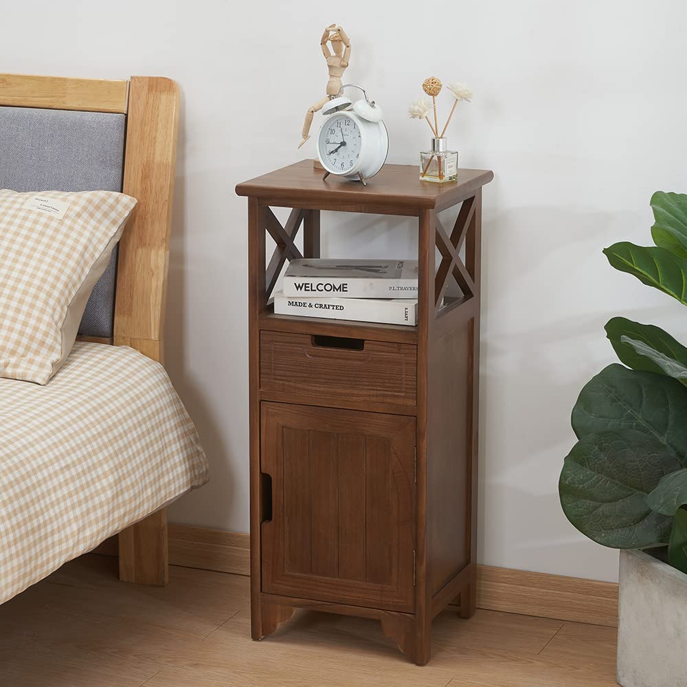 BECTSBEFF 30 Inches Tall End Table, Fully Assembled Bathroom Floor Cabinet with Shelf and Storage, No Assembly Nightstand with Drawer for Bedroom-Walnut