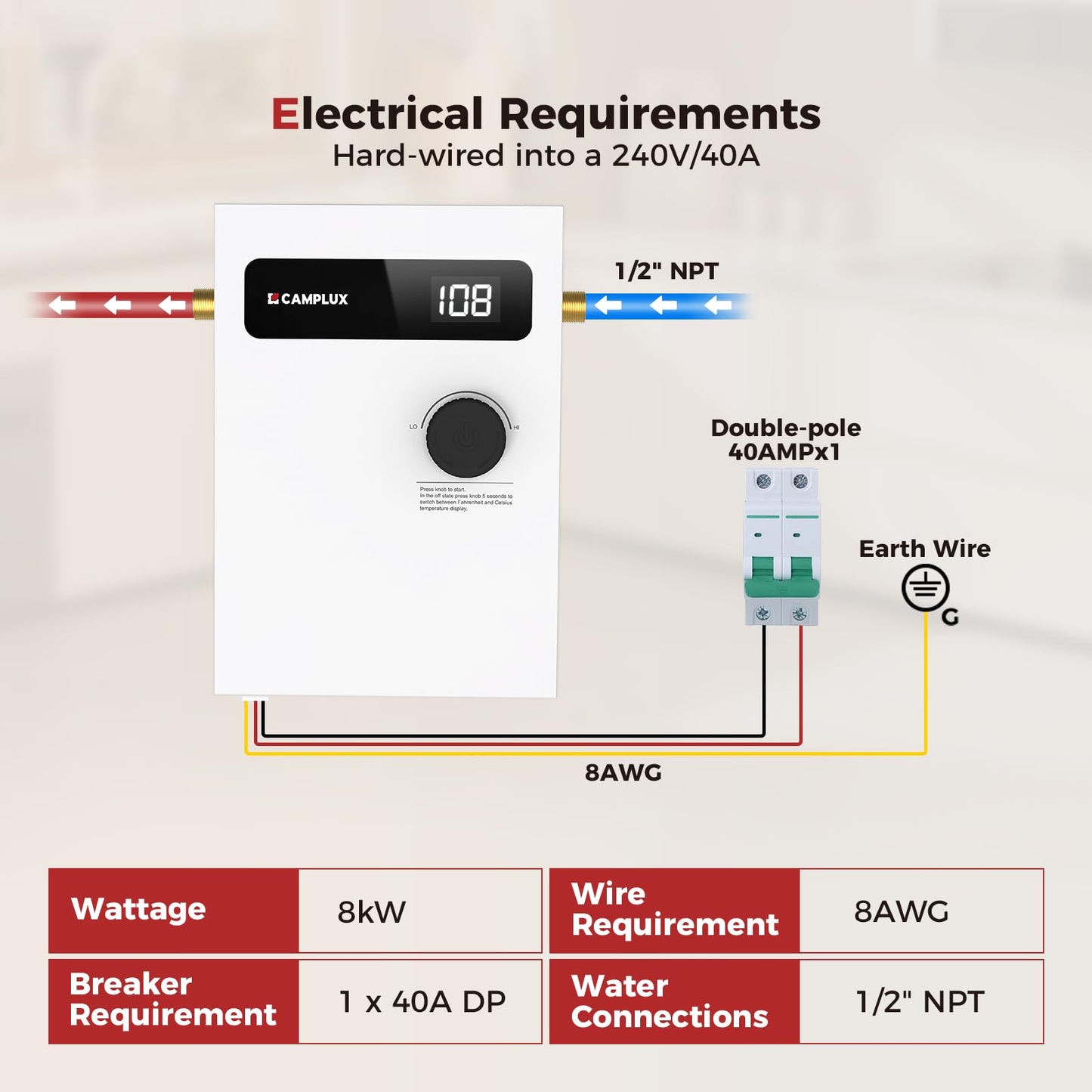 CAMPLUX Tankless Water Heater Electric 8kW 240 Volt, On Demand Instant Hot Water Heater with Self-Modulating Save Energy, Point-of-Use Side Water Connection for Easier Installation, ETL Certificated