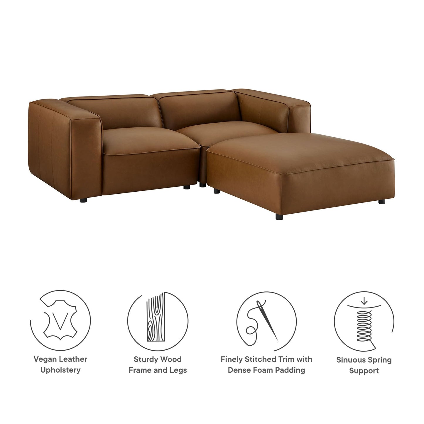 Modway Auren Vegan Leather 3 Piece Modular Sofa in Coffee - Faux Leather Loveseat with Ottoman - Comfy 2 Seater Sofa with Footstool - Mid Century Couch for Living Room, Apartment, Loft