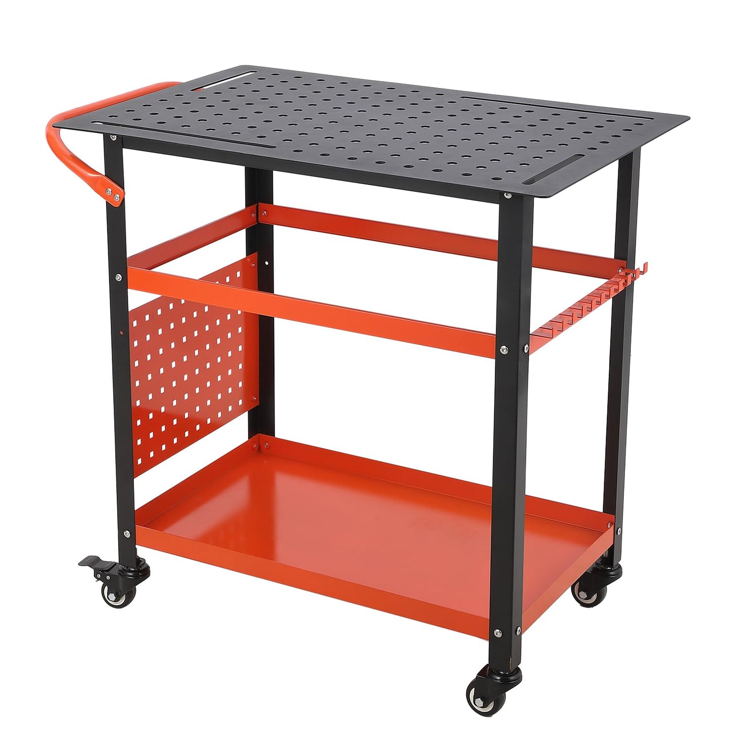 36" x 24" Welding Table with Wheels, Heavy Duty Mobile Fabrication Table with 5/8" Fixture Holes & Storage Panels, Portable Welder Workbench for Shop Garage Workshop - Orange