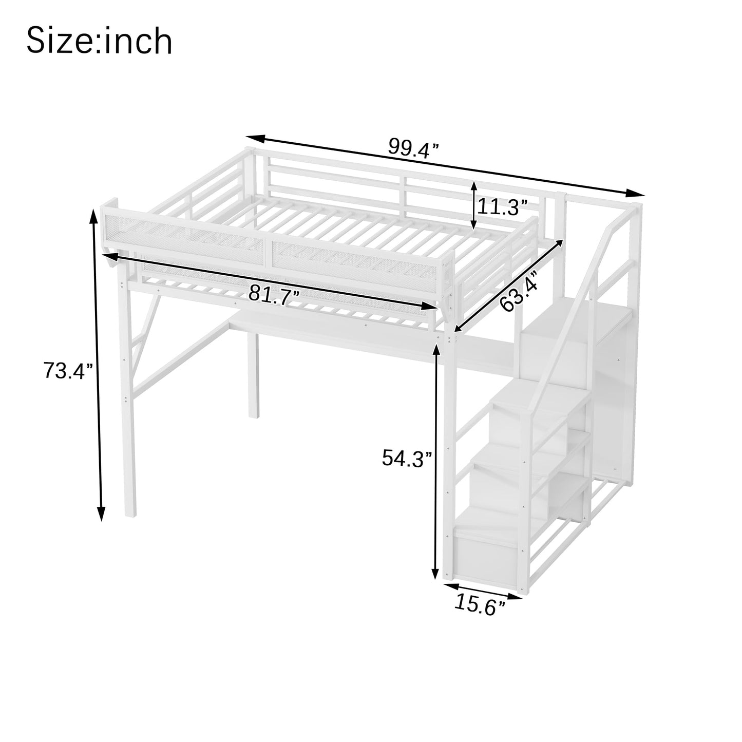 KEIKI Queen Size Metal Loft Bed Frame with Desk, Staircase, Built-in Storage Shelves and Wardrobe, Modern Loft Bed with Solid Slat, Guardrail, No Box Spring Required, Easy Assembly, for Bedroom, White