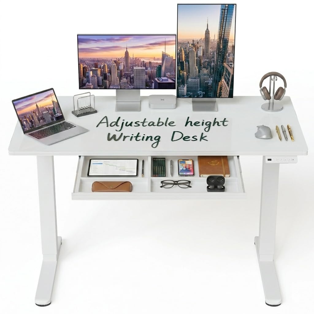CubiCubi 48x24 Standing Desk with Glass Top, Height Adjustable Computer Desk with Drawer, One-piece Rising Home Office Desks with Positon Memory, Sit Stand Up Electric Workstation Table, White