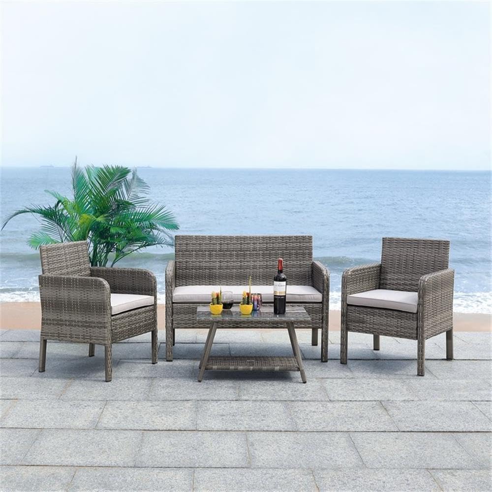 SAFAVIEH PAT7505B Collection Aboka Grey 4-Piece Outdoor Living Patio Set