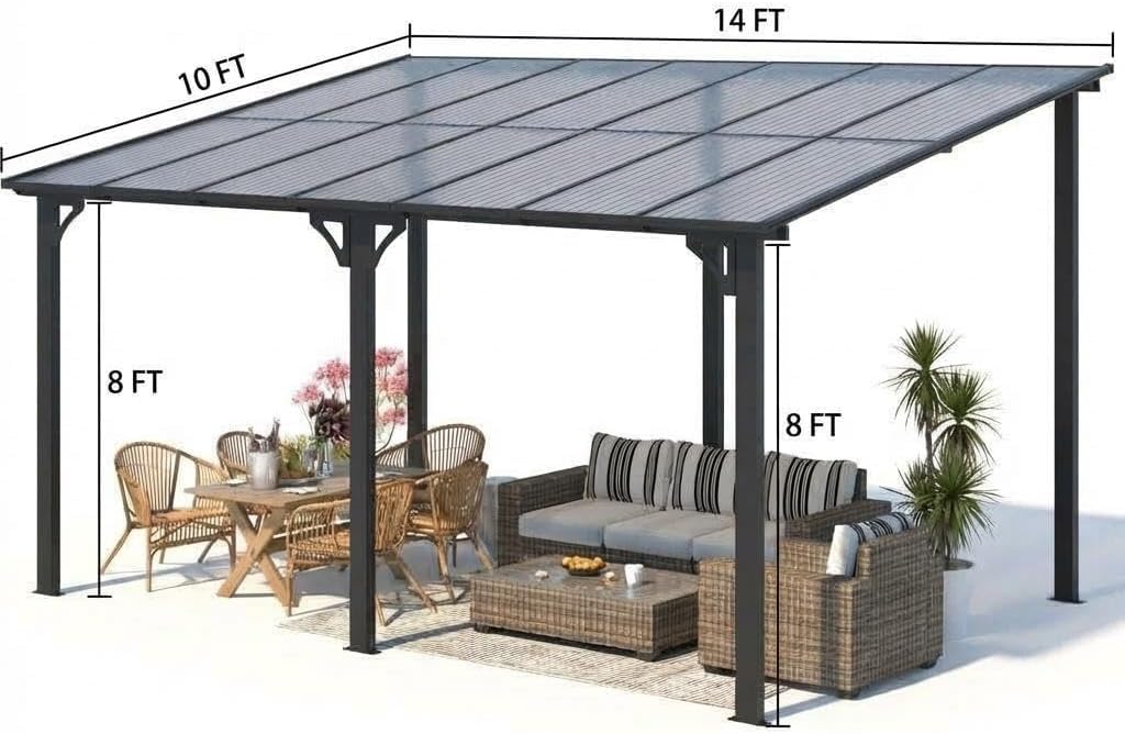 10x14 ft Wall Mounted Gazebo, Hardtop Lean to Pergola with Sloped Roof & Gutters, Heavy Duty Outdoor Awning for Patio, Deck, Porch, Backyard – Black