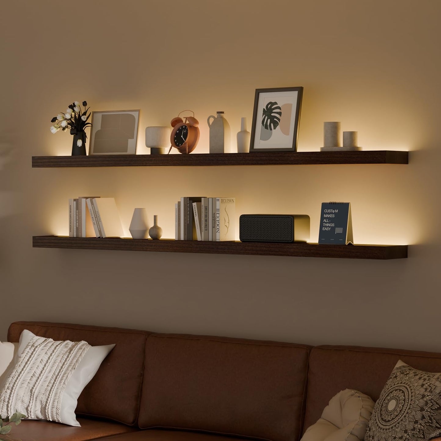 ONOTETUT 60 inch LED Gaming Floating Shelves for Wall,Solid Wood Long Wall Shelves Set of 2 with Light for Gaming Room,Walnut Rustic Wall Mounted Shelves for Living Room Bedroom Kitchen Garage
