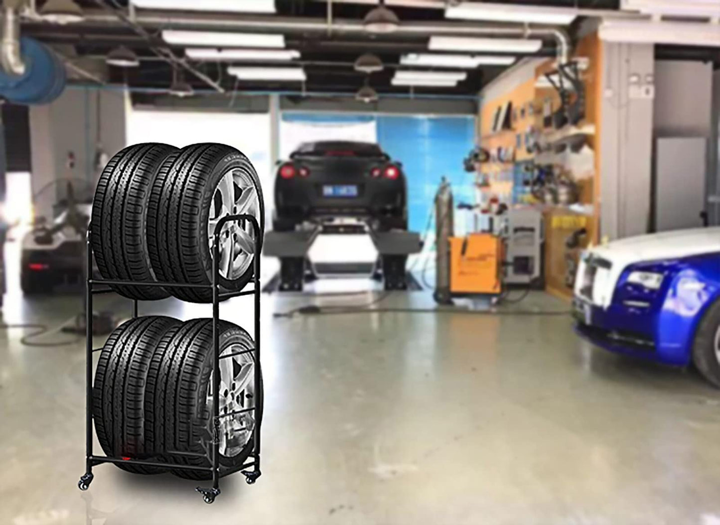 Tire Storage Rack for Garage, 2-Tier Black Tire Storage Rack, Freestanding Multi Tire Display System, for Garage, Carport, Shop, Sheds, for Holds 4 Tire with Rims