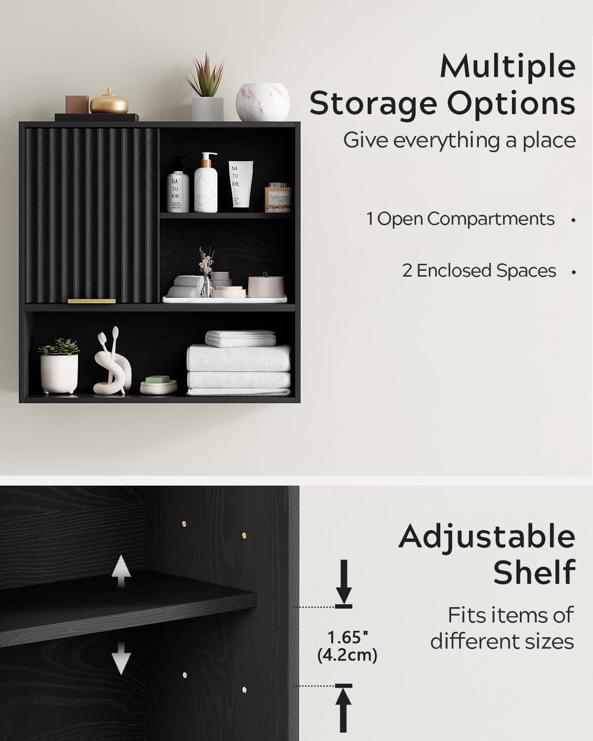 EYYTHUNG 2PCS Fluted Wall Cabinet Bathroom, Modern Medicine Cabinet with Sliding Door Adjustable Shelf Wood Storage Cabinet Wall Mounted for Kitchen Dining Room Living Room, Black