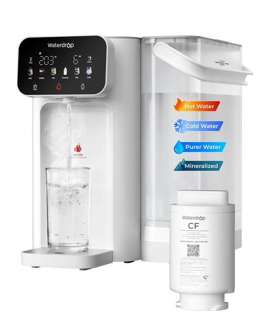 Waterdrop CT01 Countertop Water Filter System, Hot and Cold Water Dispenser with 6-Stage Filtration[𝐍𝐎𝐓 𝐑𝐎], 5 Temperature Options, Upgraded Product for Water Boiler, Touchscreen, White