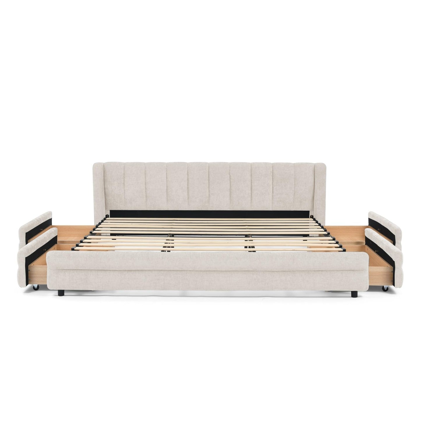 KEIKI Thick Chenille King Bed Frame with 4 Storage Drawer & Upholstered Tufted Cushioned Headboard, Modern Solid Wood Floor Platform Cloud Bed Frame for Bedroom, No Box Spring Needed, Beige