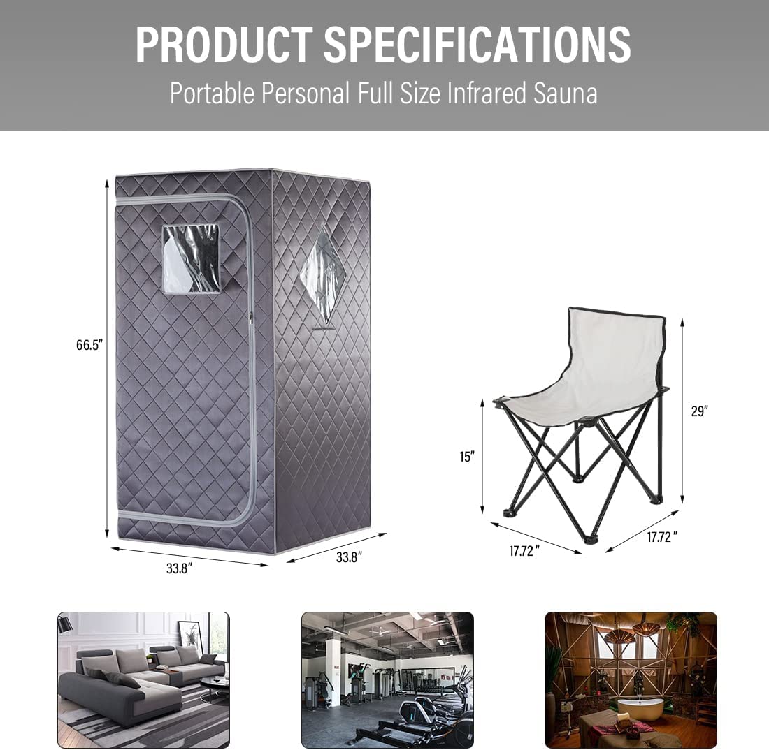 iDOTODO Full Size Portable Personal Infrared Sauna for Home, Personal Home Spa Tent with Remote Control, Heating Foot Pad, Foldable Reinforced Chair （Grey, L33.8 x W 33.8" x H 66.5"