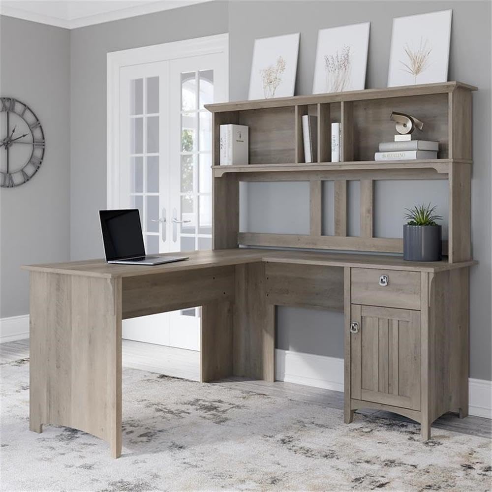 Bush Home Salinas L Shaped Desk with Hutch in Driftwood Gray | Corner Table with Drawers and Storage for Home Office