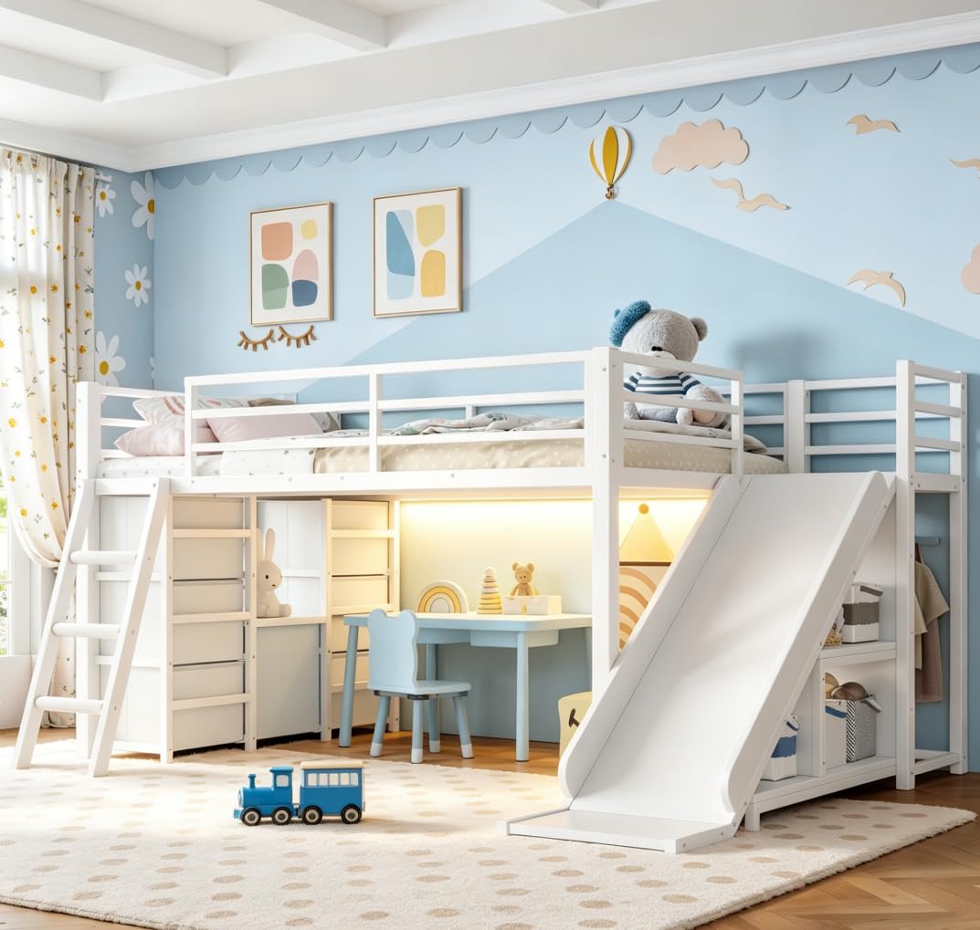 Bellemave Twin Low Loft Bed with Slide and LED, Metal Kids loft Bed with Storage Drawers and Hanging Area, 2 Assembly Methods, White